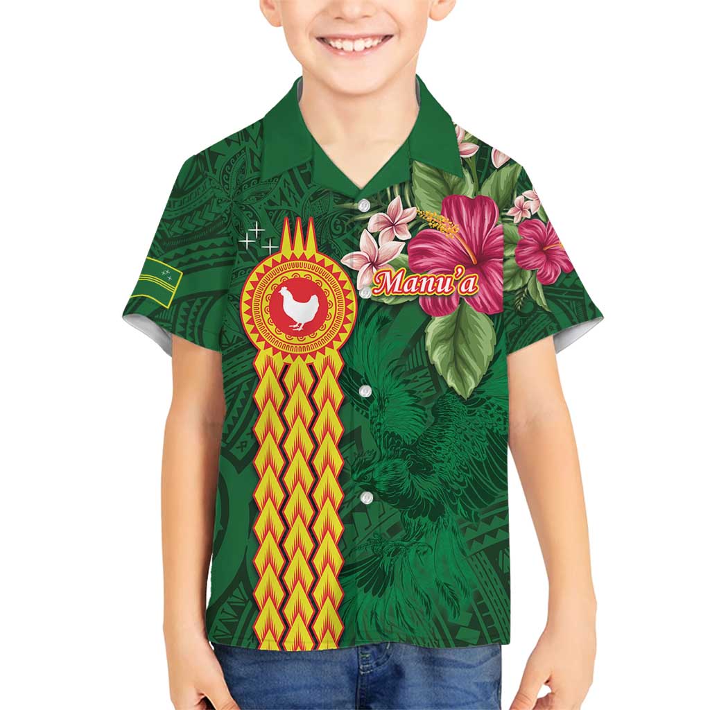 Personalised Manuʻa Islands Family Matching Puletasi and Hawaiian Shirt Polynesian Style with Rooster Tattoo and Tropical Plants LT03 Son's Shirt Green - Polynesian Pride