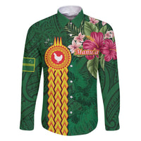 Personalised Manuʻa Islands Family Matching Short Sleeve Bodycon Dress and Hawaiian Shirt Polynesian Style with Rooster Tattoo and Tropical Plants LT03 Dad's Shirt - Long Sleeve Green - Polynesian Pride