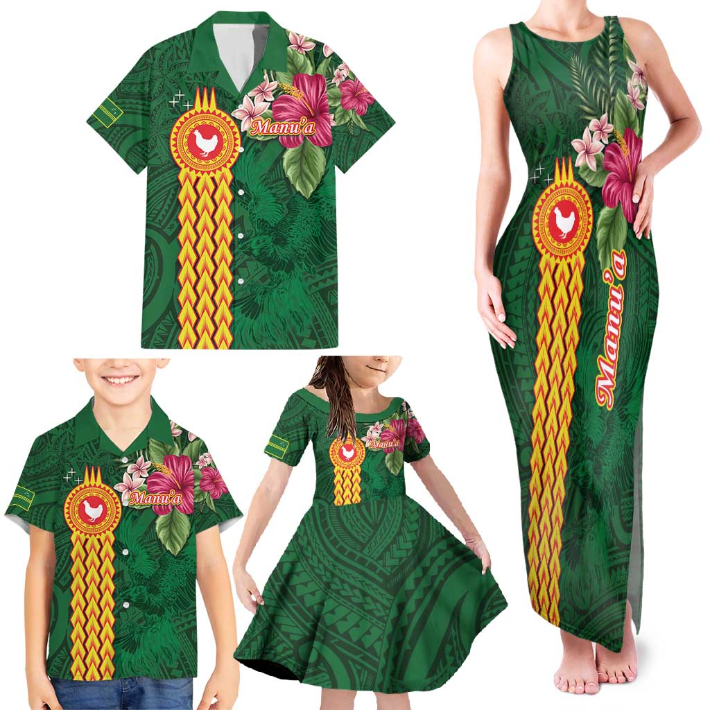 Manuʻa Islands Family Matching Tank Maxi Dress and Hawaiian Shirt Polynesian Style with Rooster Tattoo and Tropical Plants
