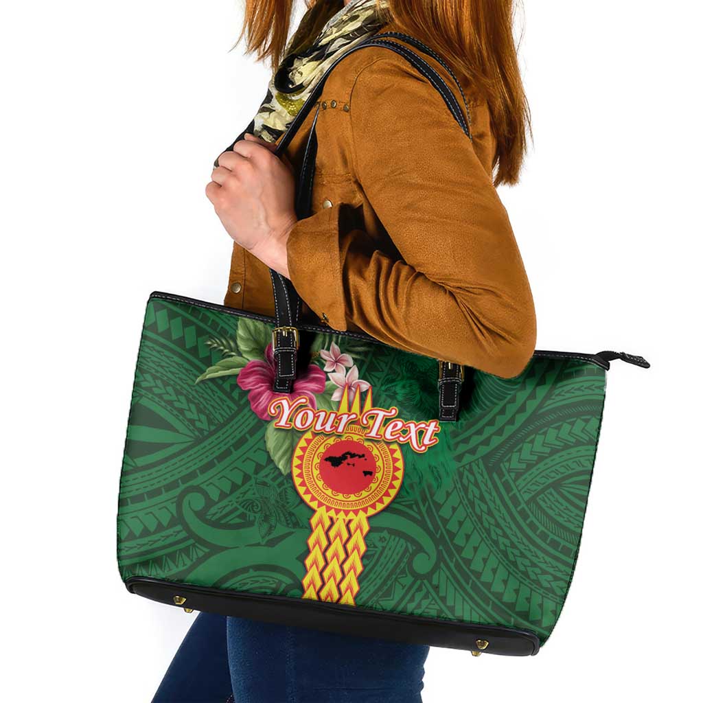 Manuʻa Islands Leather Tote Bag Polynesian Style with Rooster Tattoo and Tropical Plants
