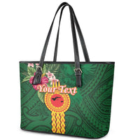Manuʻa Islands Leather Tote Bag Polynesian Style with Rooster Tattoo and Tropical Plants
