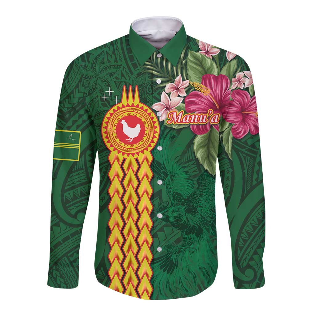 Manuʻa Islands Long Sleeve Button Shirt Polynesian Style with Rooster Tattoo and Tropical Plants