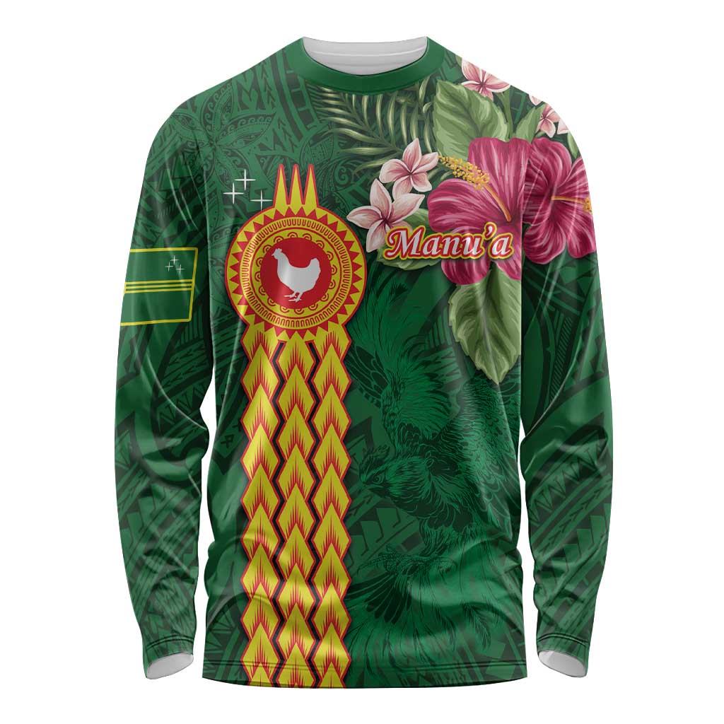 Manuʻa Islands Long Sleeve Shirt Polynesian Style with Rooster Tattoo and Tropical Plants