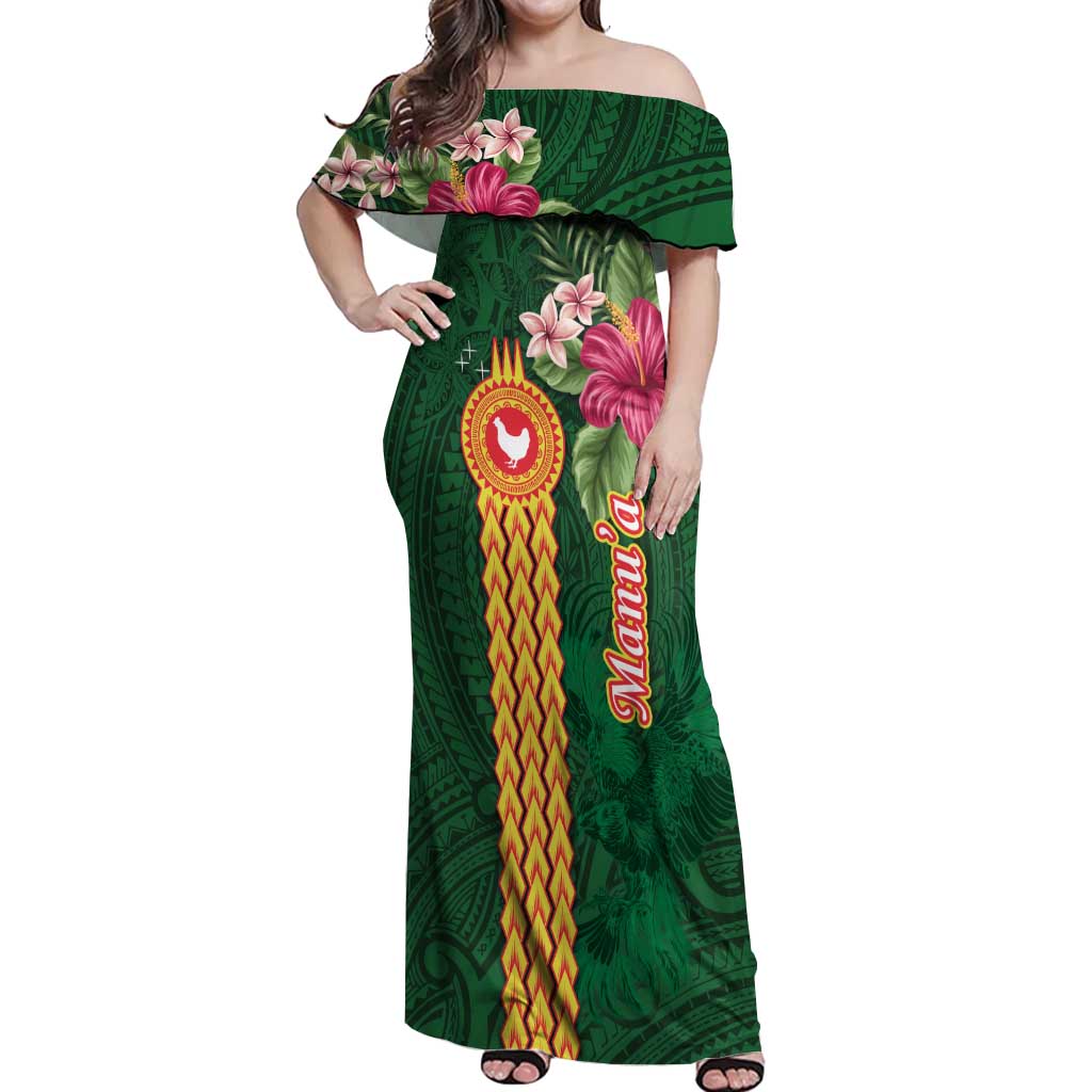 Manuʻa Islands Off Shoulder Maxi Dress Polynesian Style with Rooster Tattoo and Tropical Plants