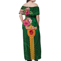 Manuʻa Islands Off Shoulder Maxi Dress Polynesian Style with Rooster Tattoo and Tropical Plants