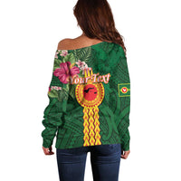 Manuʻa Islands Off Shoulder Sweater Polynesian Style with Rooster Tattoo and Tropical Plants