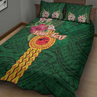 Manuʻa Islands Quilt Bed Set Polynesian Style with Rooster Tattoo and Tropical Plants