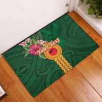 Manuʻa Islands Rubber Doormat Polynesian Style with Rooster Tattoo and Tropical Plants