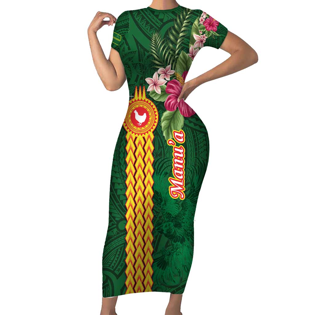 Personalised Manuʻa Islands Short Sleeve Bodycon Dress Polynesian Style with Rooster Tattoo and Tropical Plants LT03 Long Dress Green - Polynesian Pride