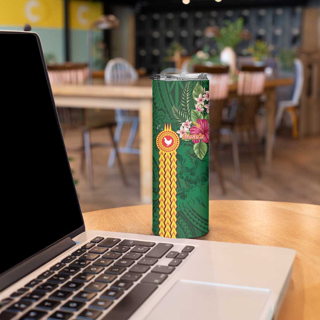 Manu'a Skinny Tumbler Polynesian Style with Rooster Tattoo and Tropical Plants