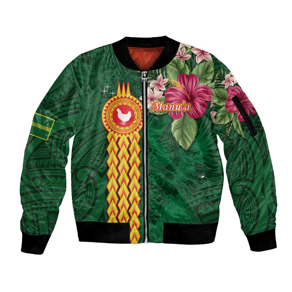 Personalised Manuʻa Islands Sleeve Zip Bomber Jacket Polynesian Style with Rooster Tattoo and Tropical Plants LT03 Unisex Green - Polynesian Pride