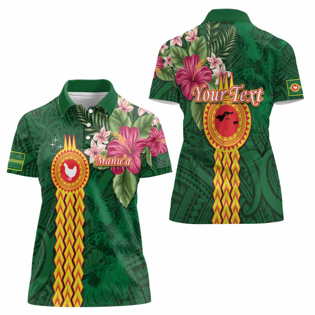 Manuʻa Islands Women Polo Shirt Polynesian Style with Rooster Tattoo and Tropical Plants