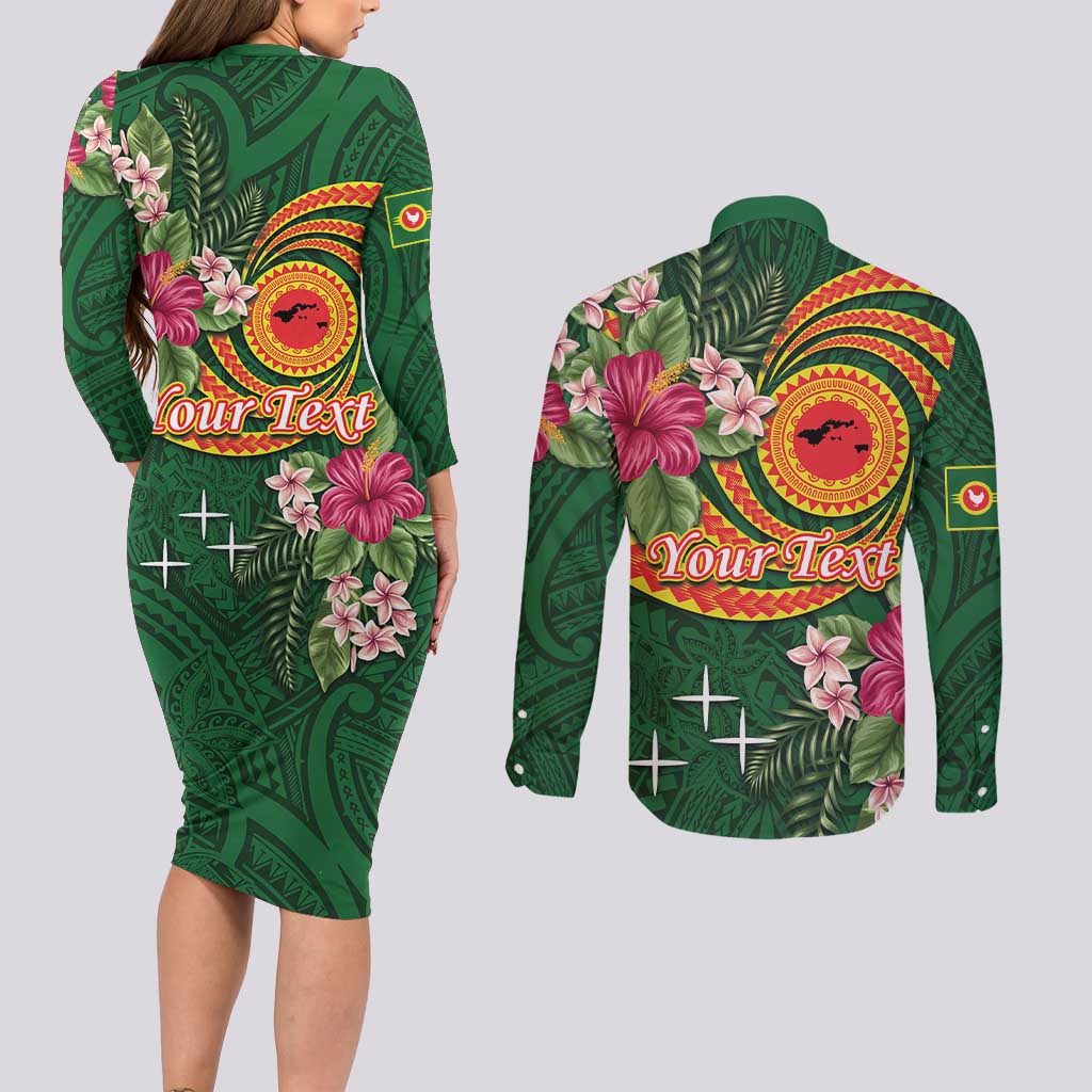 Personalised Manuʻa Islands Couples Matching Long Sleeve Bodycon Dress and Long Sleeve Button Shirt Polynesian Art Tattoo Style and Tropical Plants LT03 - Polynesian Pride