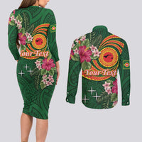 Personalised Manuʻa Islands Couples Matching Long Sleeve Bodycon Dress and Long Sleeve Button Shirt Polynesian Art Tattoo Style and Tropical Plants LT03 - Polynesian Pride