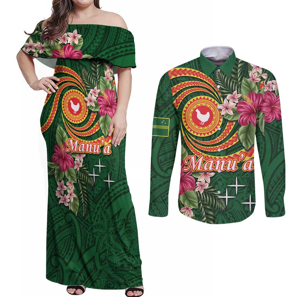Manuʻa Islands Couples Matching Off Shoulder Maxi Dress and Long Sleeve Button Shirt Polynesian Art Tattoo Style and Tropical Plants