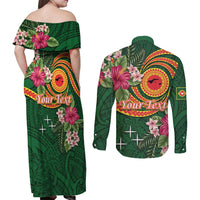 Manuʻa Islands Couples Matching Off Shoulder Maxi Dress and Long Sleeve Button Shirt Polynesian Art Tattoo Style and Tropical Plants