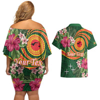 Manuʻa Islands Couples Matching Off Shoulder Short Dress and Hawaiian Shirt Polynesian Art Tattoo Style and Tropical Plants