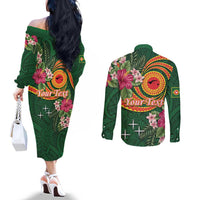 Personalised Manuʻa Islands Couples Matching Off The Shoulder Long Sleeve Dress and Long Sleeve Button Shirt Polynesian Art Tattoo Style and Tropical Plants LT03 - Polynesian Pride