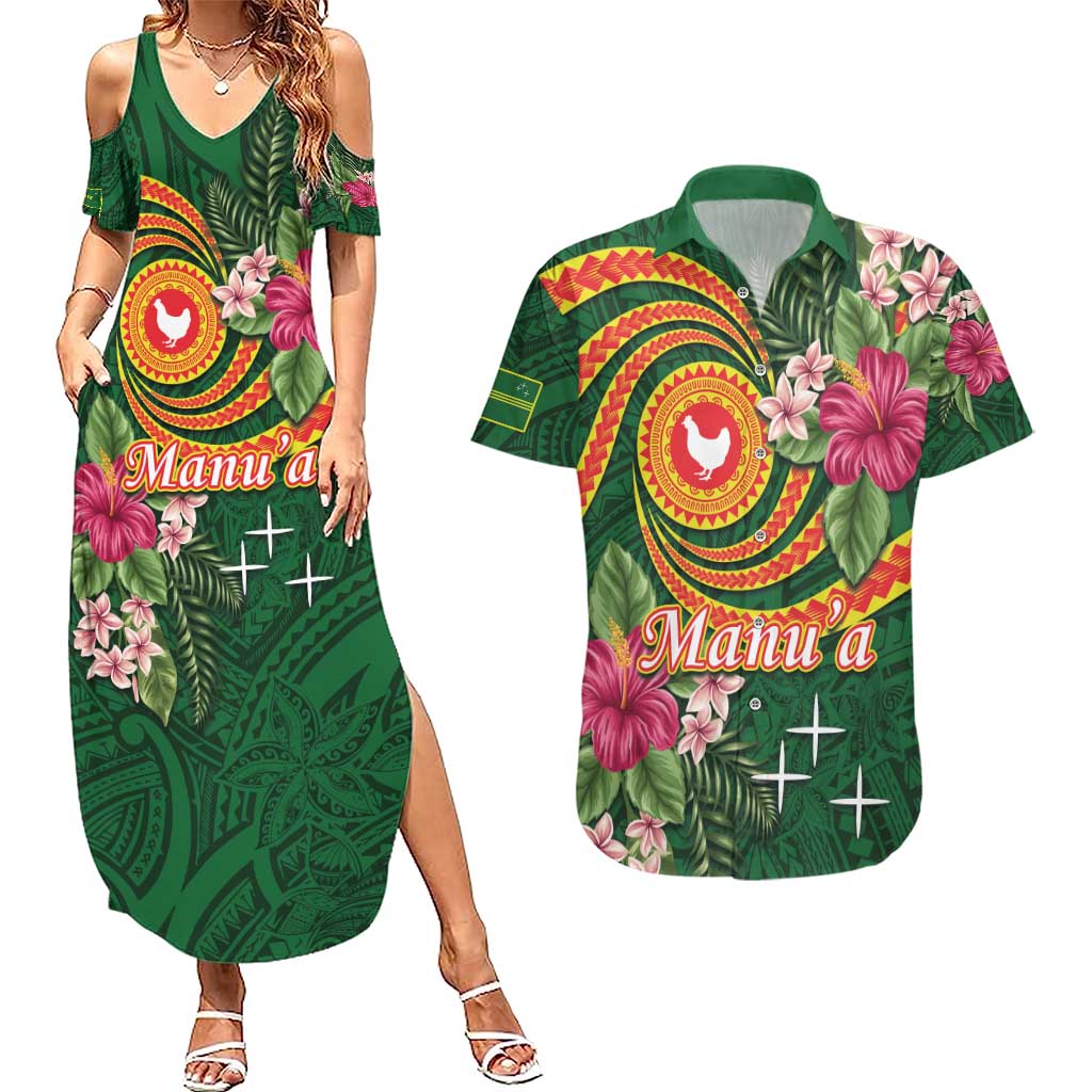 Manuʻa Islands Couples Matching Summer Maxi Dress and Hawaiian Shirt Polynesian Art Tattoo Style and Tropical Plants