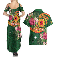 Manuʻa Islands Couples Matching Summer Maxi Dress and Hawaiian Shirt Polynesian Art Tattoo Style and Tropical Plants