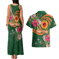 Manuʻa Islands Couples Matching Tank Maxi Dress and Hawaiian Shirt Polynesian Art Tattoo Style and Tropical Plants