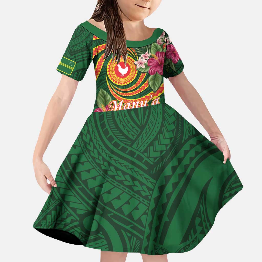Personalised Manuʻa Islands Family Matching Long Sleeve Bodycon Dress and Hawaiian Shirt Polynesian Art Tattoo Style and Tropical Plants LT03 Daughter's Dress Green - Polynesian Pride