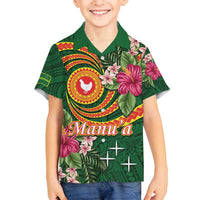 Personalised Manuʻa Islands Family Matching Long Sleeve Bodycon Dress and Hawaiian Shirt Polynesian Art Tattoo Style and Tropical Plants LT03 Son's Shirt Green - Polynesian Pride