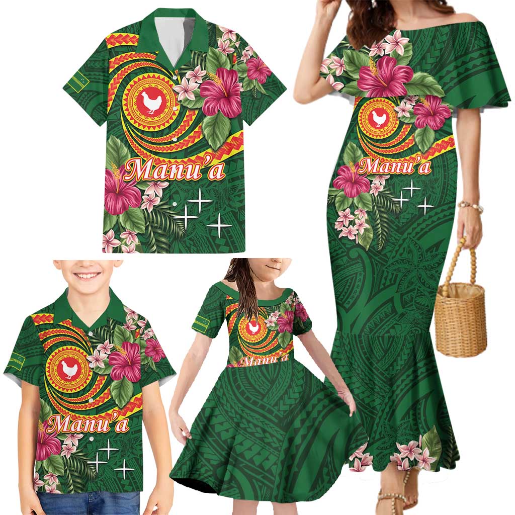 Manuʻa Islands Family Matching Mermaid Dress and Hawaiian Shirt Polynesian Art Tattoo Style and Tropical Plants