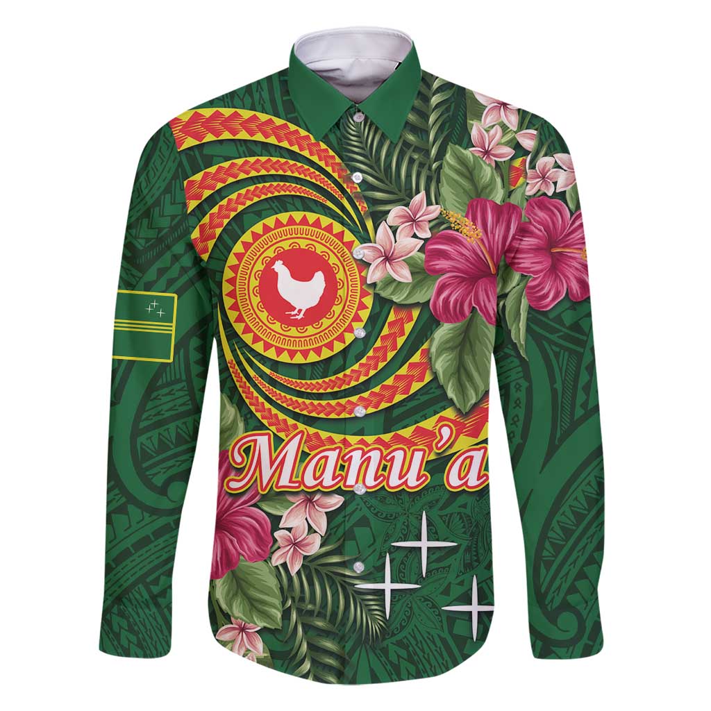 Personalised Manuʻa Islands Family Matching Mermaid Dress and Hawaiian Shirt Polynesian Art Tattoo Style and Tropical Plants LT03 Dad's Shirt - Long Sleeve Green - Polynesian Pride