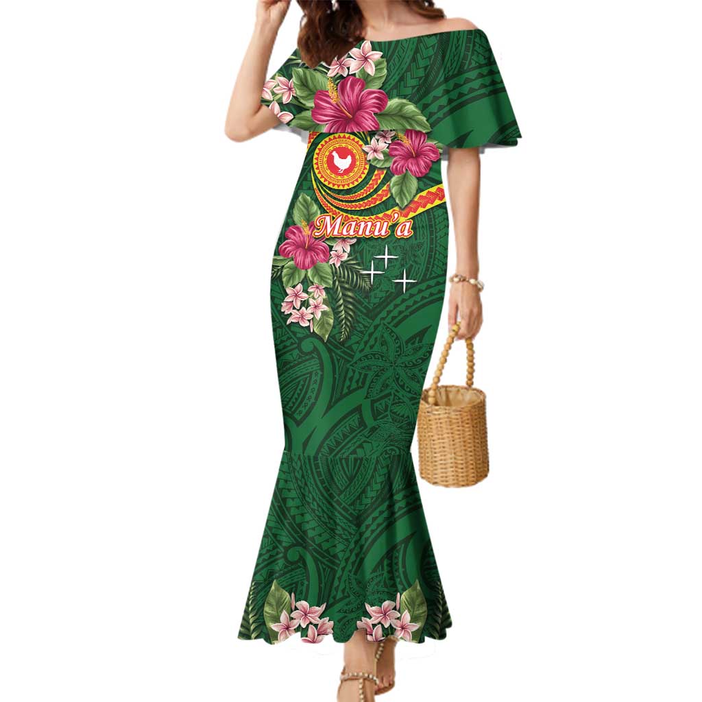 Personalised Manuʻa Islands Family Matching Mermaid Dress and Hawaiian Shirt Polynesian Art Tattoo Style and Tropical Plants LT03 Mom's Dress Green - Polynesian Pride