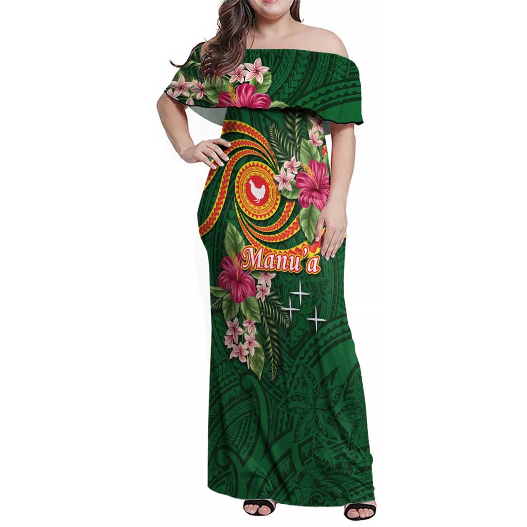 Manuʻa Islands Family Matching Off Shoulder Maxi Dress and Hawaiian Shirt Polynesian Art Tattoo Style and Tropical Plants