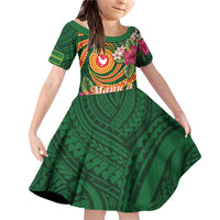 Manuʻa Islands Family Matching Off Shoulder Short Dress and Hawaiian Shirt Polynesian Art Tattoo Style and Tropical Plants