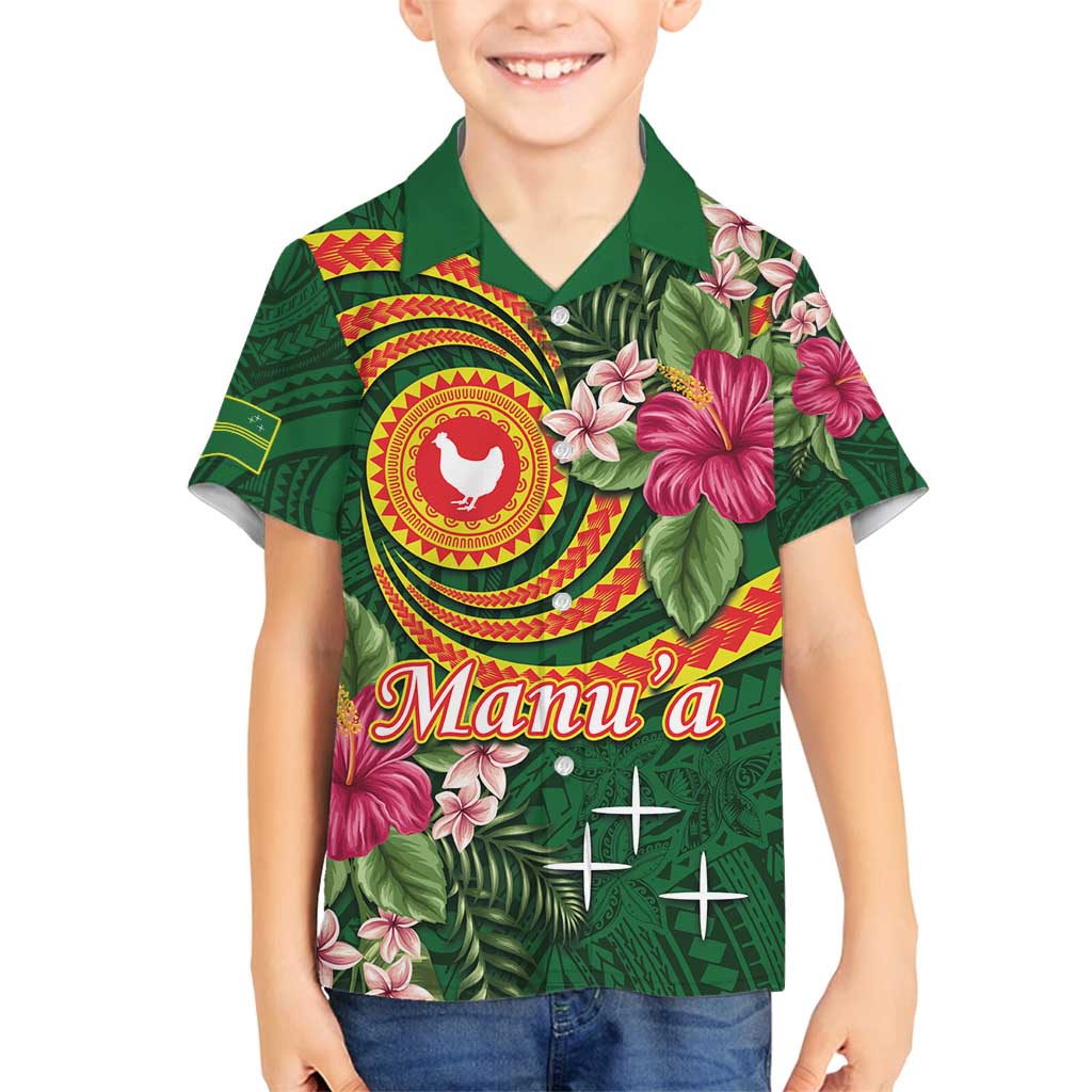 Personalised Manuʻa Islands Family Matching Puletasi and Hawaiian Shirt Polynesian Art Tattoo Style and Tropical Plants LT03 Son's Shirt Green - Polynesian Pride