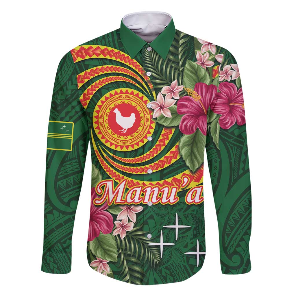 Personalised Manuʻa Islands Family Matching Short Sleeve Bodycon Dress and Hawaiian Shirt Polynesian Art Tattoo Style and Tropical Plants LT03 Dad's Shirt - Long Sleeve Green - Polynesian Pride