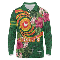 Personalised Manuʻa Islands Long Sleeve Polo Shirt Polynesian Art Tattoo Style and Tropical Plants LT03 Green - Polynesian Pride
