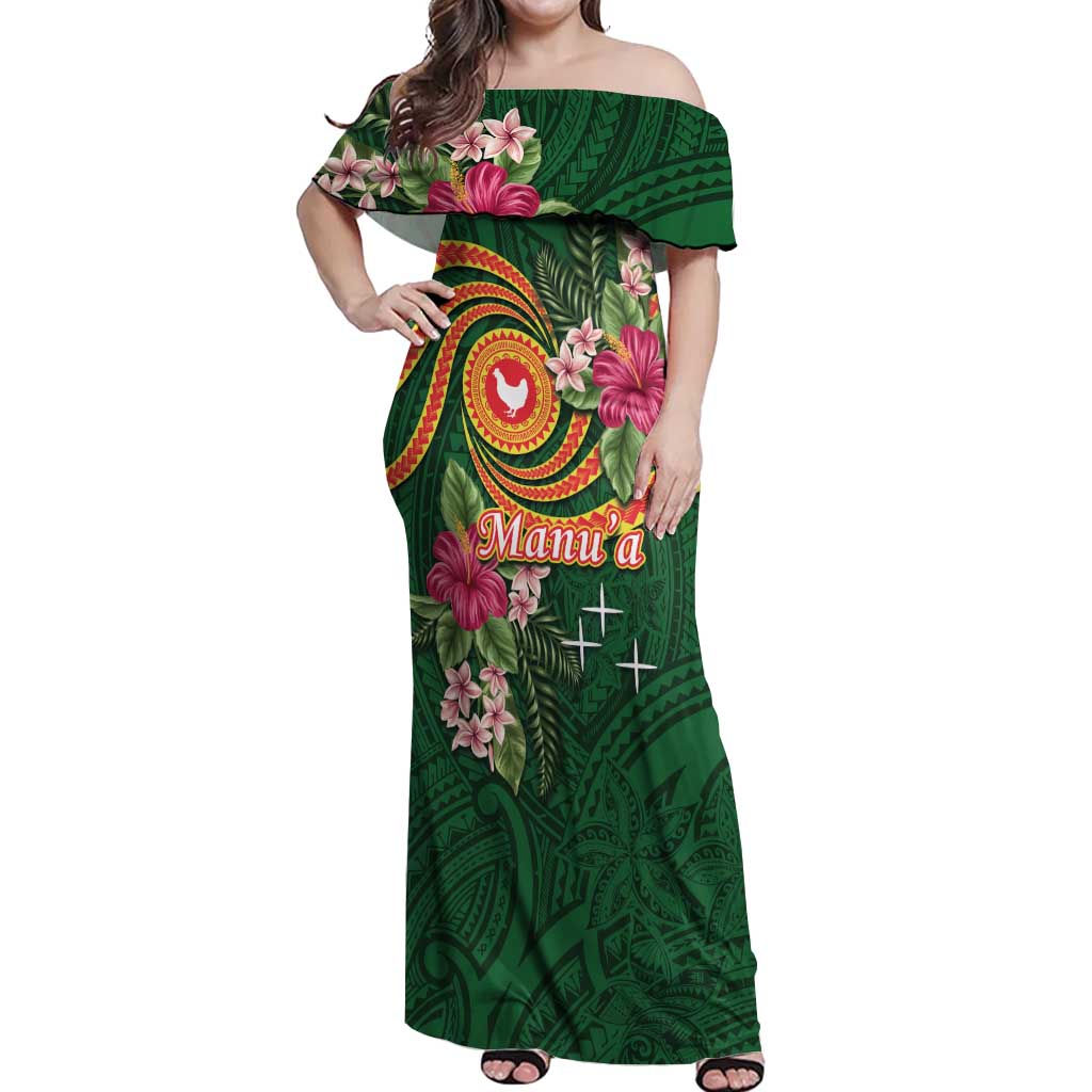 Manuʻa Islands Off Shoulder Maxi Dress Polynesian Art Tattoo Style and Tropical Plants