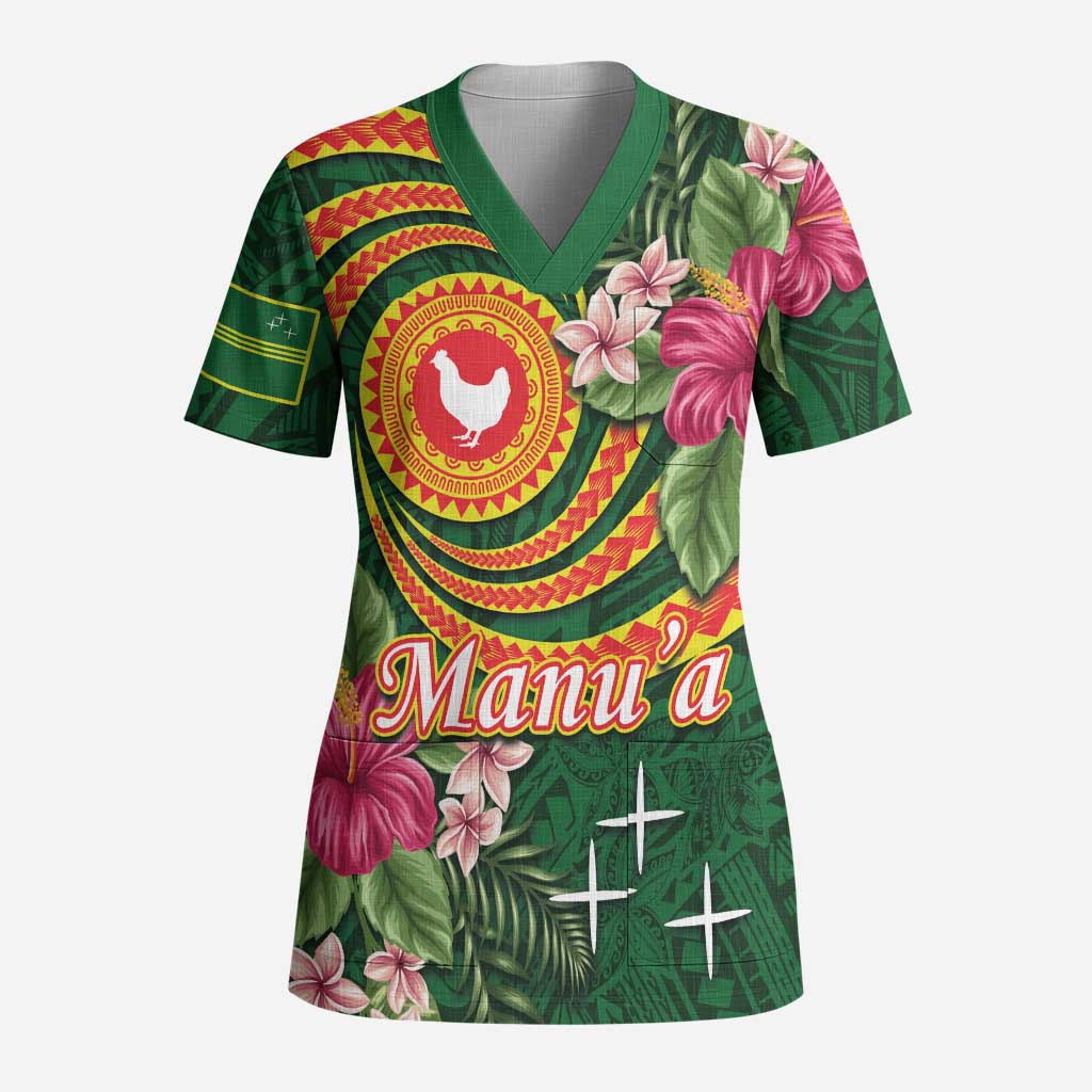 Manuʻa Islands Scrub Top Polynesian Art Tattoo Style and Tropical Plants - Polynesian Pride