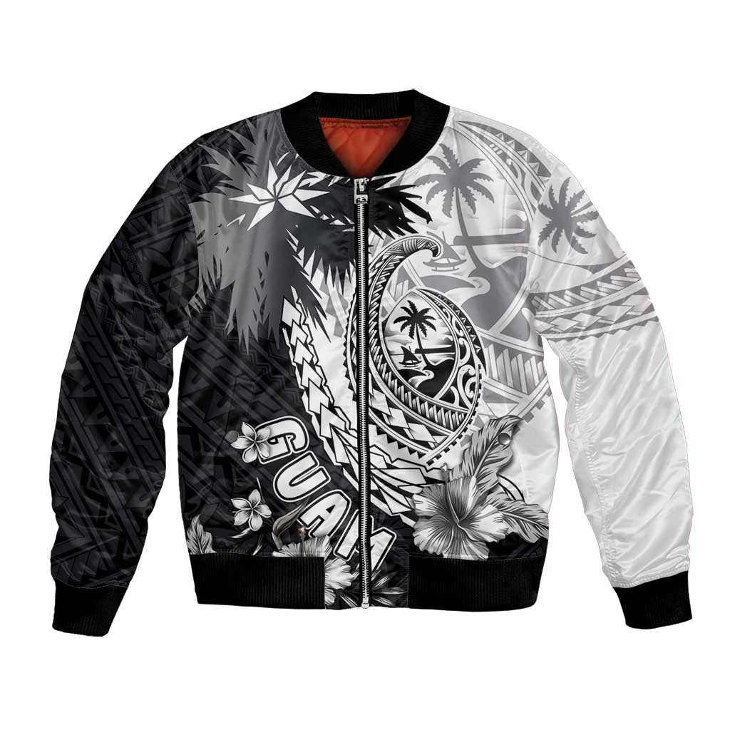 Hafa Adai Guam Bomber Jacket Polynesian Palm Tree Tattoo Hibiscus and Plumeria Art