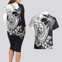 Hafa Adai Guam Couples Matching Long Sleeve Bodycon Dress and Hawaiian Shirt Polynesian Palm Tree Tattoo Hibiscus and Plumeria Art