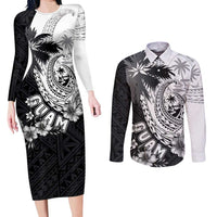 Hafa Adai Guam Couples Matching Long Sleeve Bodycon Dress and Long Sleeve Button Shirt Polynesian Palm Tree Tattoo Hibiscus and Plumeria Art