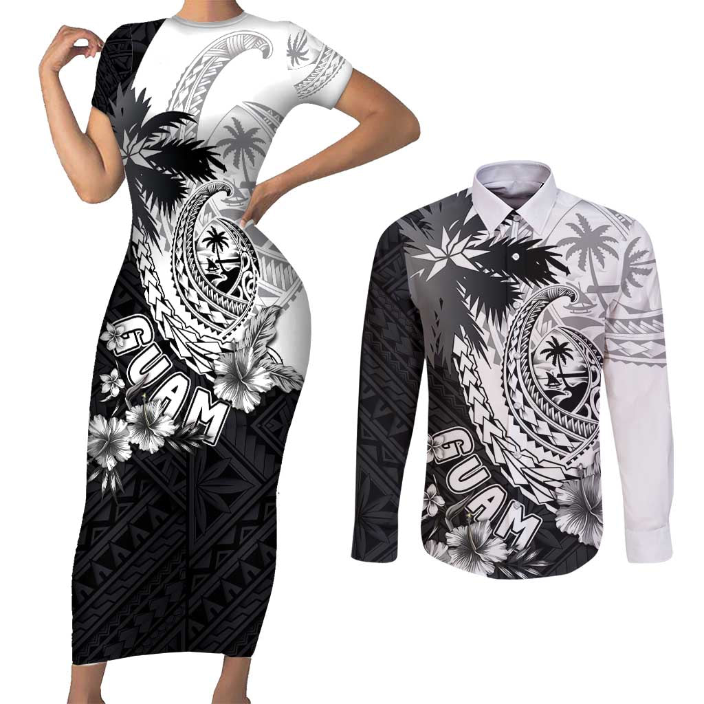 Hafa Adai Guam Couples Matching Short Sleeve Bodycon Dress and Long Sleeve Button Shirt Polynesian Palm Tree Tattoo Hibiscus and Plumeria Art