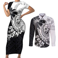 Hafa Adai Guam Couples Matching Short Sleeve Bodycon Dress and Long Sleeve Button Shirt Polynesian Palm Tree Tattoo Hibiscus and Plumeria Art