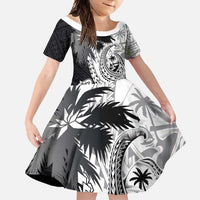 Hafa Adai Guam Family Matching Long Sleeve Bodycon Dress and Hawaiian Shirt Polynesian Palm Tree Tattoo Hibiscus and Plumeria Art LT03 Daughter's Dress Black - Polynesian Pride