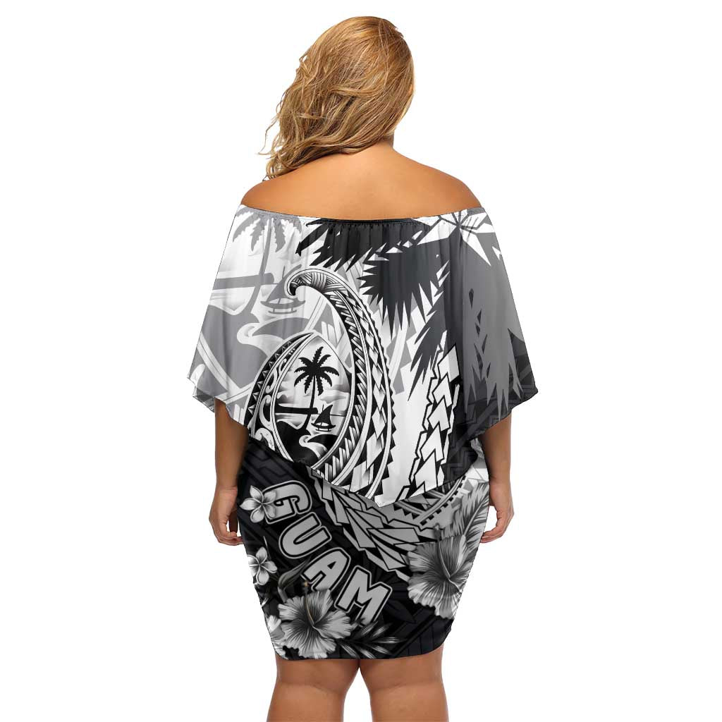Hafa Adai Guam Family Matching Off Shoulder Short Dress and Hawaiian Shirt Polynesian Palm Tree Tattoo Hibiscus and Plumeria Art
