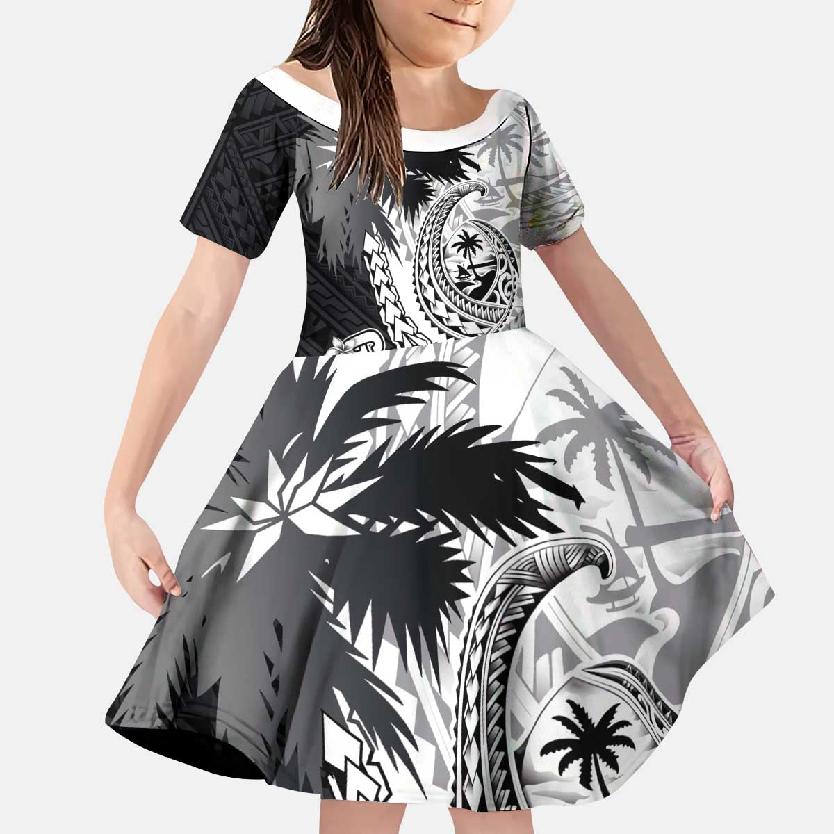 Hafa Adai Guam Kid Short Sleeve Dress Polynesian Palm Tree Tattoo Hibiscus and Plumeria Art