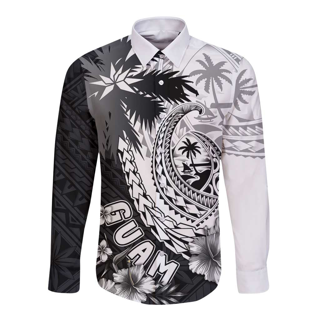 Hafa Adai Guam Long Sleeve Button Shirt Polynesian Palm Tree Tattoo Hibiscus and Plumeria Art