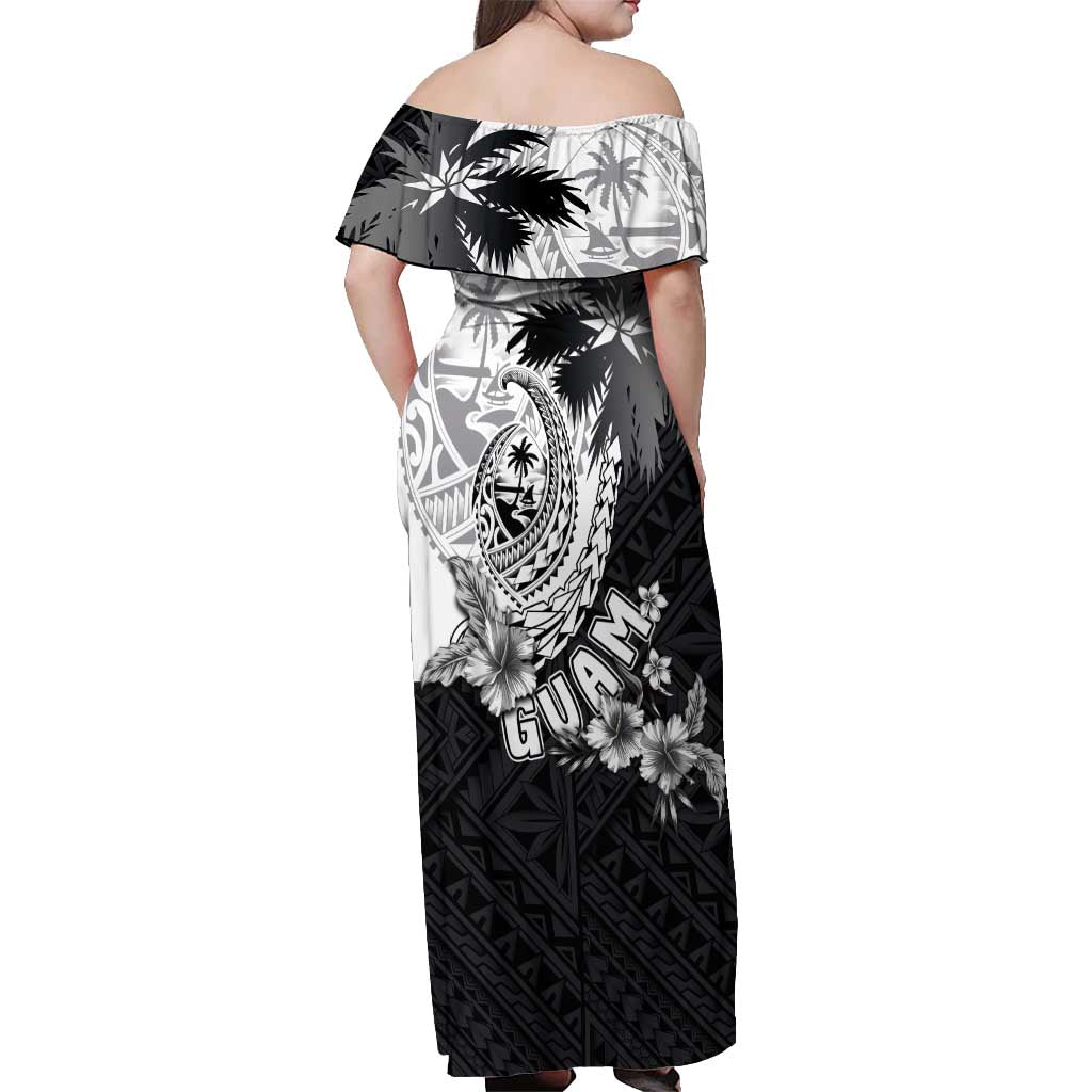 Hafa Adai Guam Off Shoulder Maxi Dress Polynesian Palm Tree Tattoo Hibiscus and Plumeria Art