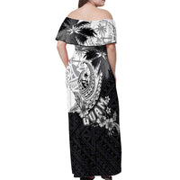 Hafa Adai Guam Off Shoulder Maxi Dress Polynesian Palm Tree Tattoo Hibiscus and Plumeria Art