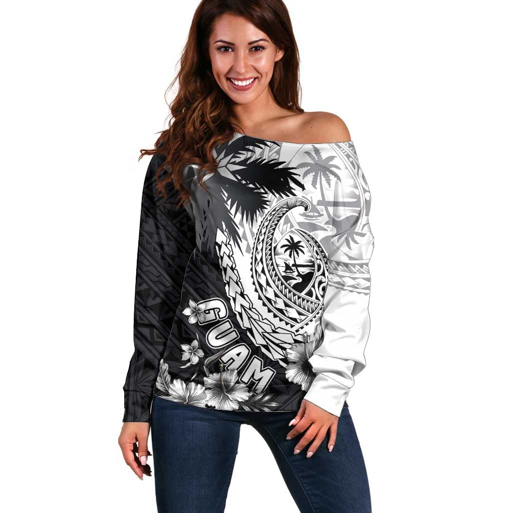 Hafa Adai Guam Off Shoulder Sweater Polynesian Palm Tree Tattoo Hibiscus and Plumeria Art