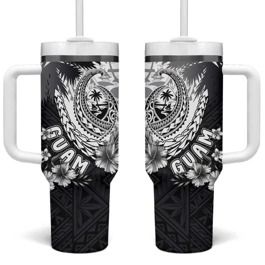 Hafa Adai Guam Tumbler With Handle Polynesian Palm Tree Tattoo Hibiscus and Plumeria Art